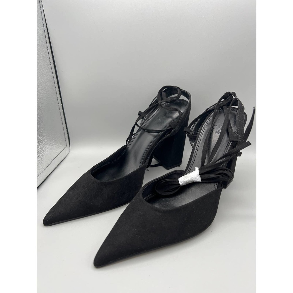 ASOS DESIGN Panda tie leg block heel shoes in black sz 7